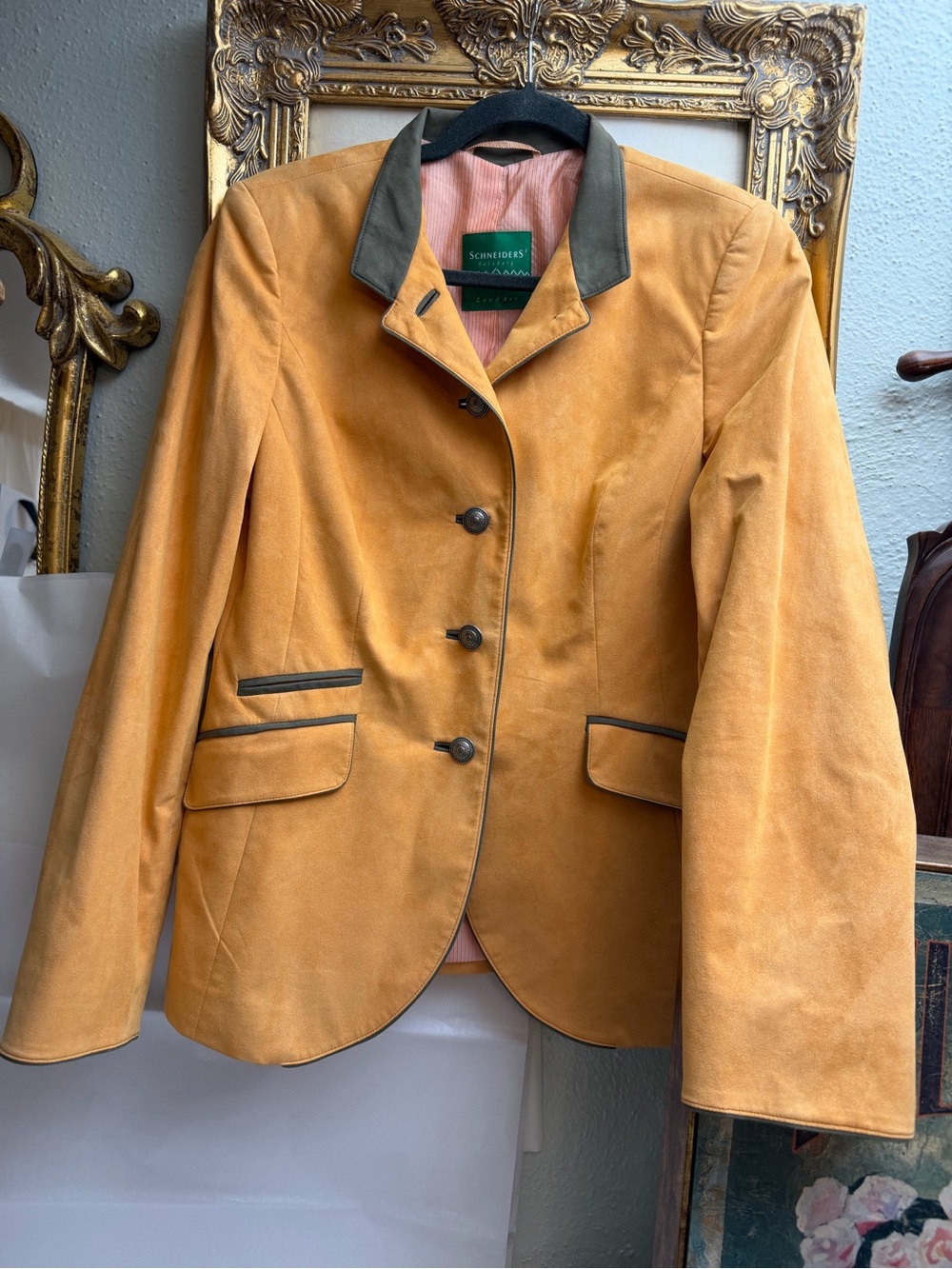 Schneider Salzburg Mustard Tan faux Suede Blazer with Contrast Trim